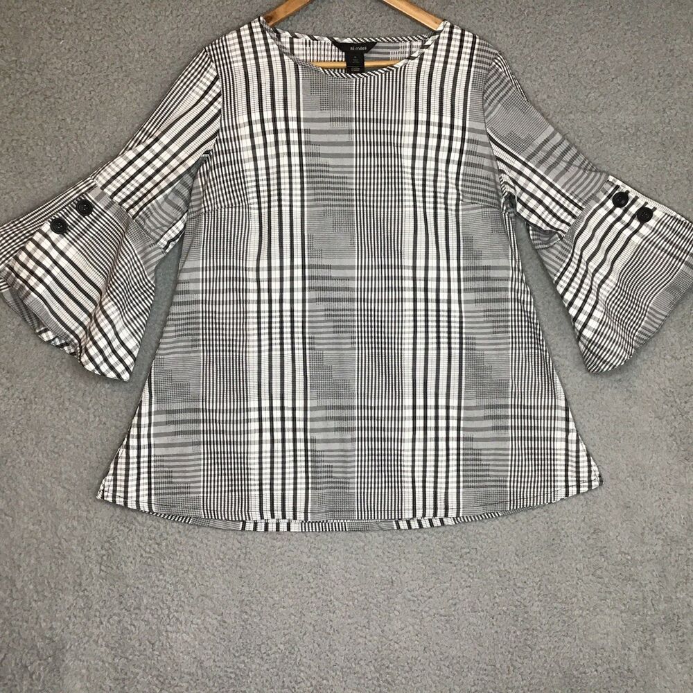 Ali Miles Plaid Art To Wear Bell Sleeve Womens Pullover Top Size M Black White